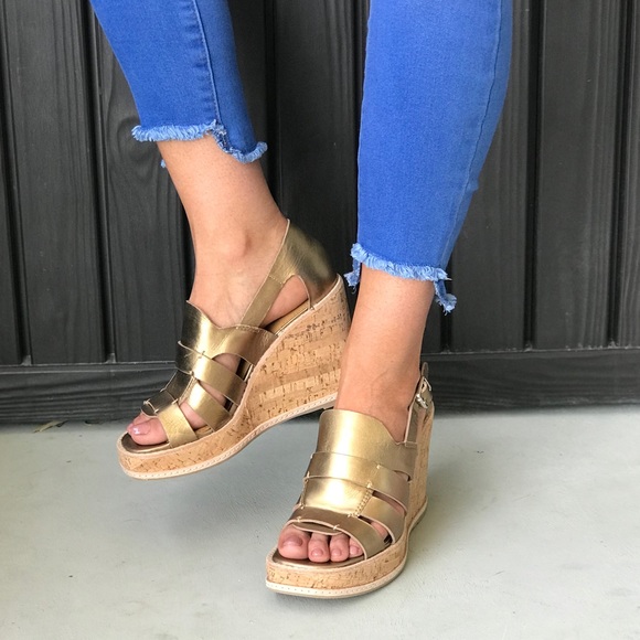 Bronze Chic Strappy Genuine Leather Caged Wedges - Picture 4 of 6